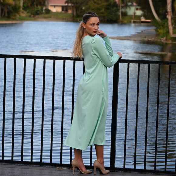 DEVORAH'S SECRET Seafoam Green Modest Midi Dress 100% Cotton - Picture 3 of 3